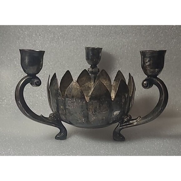 VTG LEONARD SILVER PLATE LOTUS FLOWER 3 LEG CANDLE STICK HOLDER - Picture 1 of 6